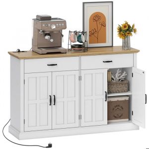 Homcom Buffet style rural chic - 4 portes 2 étagères 2 tiroirs - ports usb et multiprise intégrés - blanc effet bois chêne clair