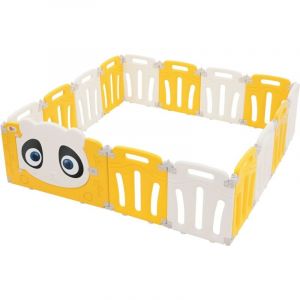 Joyz - Parc Bébé Modulable, 160×160 cm, Design Panda, Blanc-Jaune, Pliable, Barrière de Sécurité avec Porte et Horloge Éducative, en Plastique,