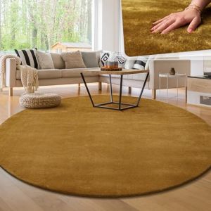 Paco Home - Tapis de salon Unicolore Lavable Pile courte et douce Jaune, 160 cm rond