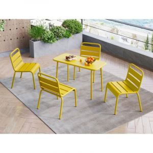 Image de Salle à manger de jardin pour enfants en métal - une table et 4 chaises empilables - Jaune moutarde - POPAYAN de MYLIA