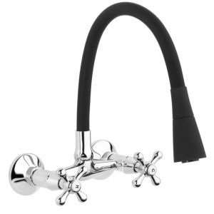 Invena Robinet Cuisine Mitigeur Noir Mural Manettes Croisillons Roma Bec Flexible