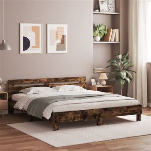 VidaXL Cadre de Lit avec Tête de Lit et LED, Lit Double avec Sommier à Lattes, Lit Adulte de Chambre, Chêne Fumé 180x200 cm Bois d'Ingénierie