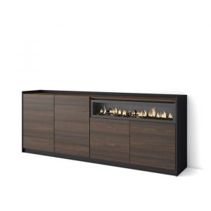 Buffet effet bois de ch&ecirc;ne fonc&eacute; noir 207x37x80cm chemin&eacute;e effet feu