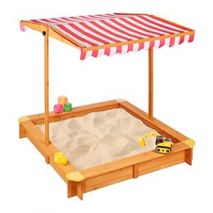 Image de Relaxdays Bac à sable avec toit réglable, HxLxP: 117x117x117 cm, jeu extérieur, enfants textile sol, bois sapin,naturel