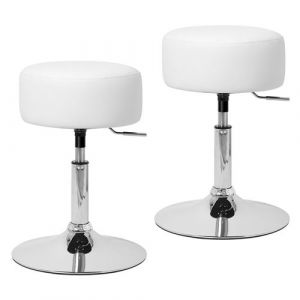 ML-Design Lot de 2 Tabourets de Travail, Rond, Blanc, &Oslash; 33 cm, Hauteur R&eacute;glable 52-65 cm, Cuir Synth&eacute;tique / Acier Chrom&eacute;