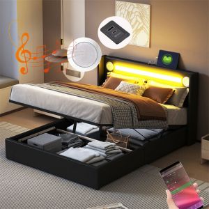 Fortuna Lai - Lit coffre 160x200cm - Lit double avec sommier à lattes, tête de lit led avec Bluetooth et port usb - en cuir pu Noir