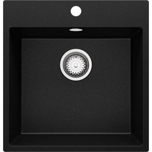 Evier Cuisine en Granit Noir Metallic 48x50cm, 1 bac + Kit de Vidage, Evier a Encastrer au meuble 50cm, Riga de Primagran
