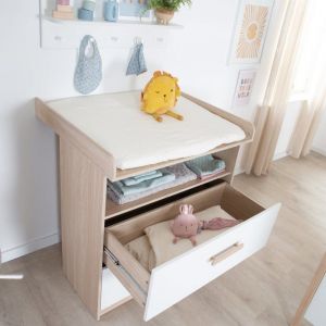 Roba Commode À Langer Évolutive - Cabane - 2 Tiroirs 1 Compartiment Ouvert - Extension À Langer Amovible - Chêne - Blanc