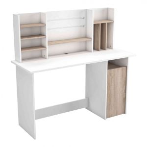 Terre de Nuit Bureau avec caisson en bois blanc et imitation chêne - BU181 - Blanc - Fabriqué en France