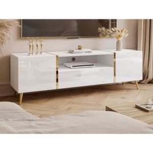 Image de Meuble TV avec 2 portes, 1 tiroir et 1 niche - Blanc brillant et Doré - MARZIALO