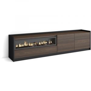 Meuble tv effet bois de chêne foncé noir 207x37x50 cheminée effet feu