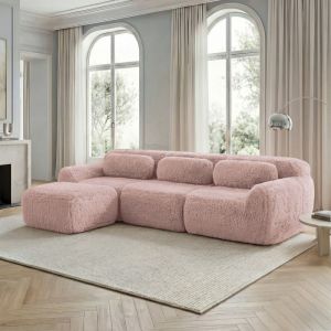 Canap&eacute; d'angle en tissu peluche mousse 32D, sans montage, base antid&eacute;rapante, coussins inclus, meuble de salon chambre - 3 palces, rose