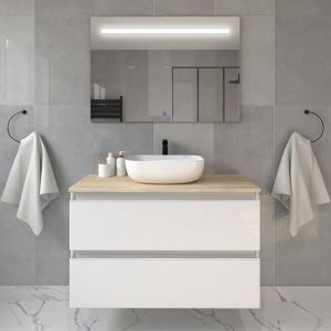 Meuble de salle de bain avec vasque &agrave; poser arrondie - blanc - balea et miroir Led stam - 100cm