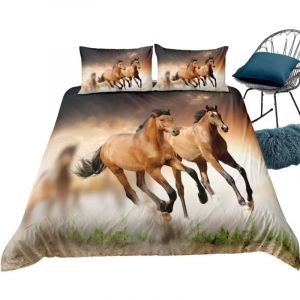 Ideko Parure de lit 220x240cm 2 personnes beau cheval 3D effet 3 pieces 1 housse de couette avec 2 taies d'oreillers 63x63cm
