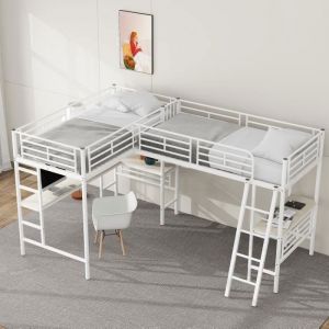 Lit mezzanine enfant 90×200 cm Lit 1 personne 2 place Table sous le lit, double escalier, garde-corps hauts, blanc
