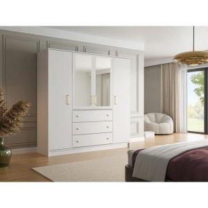 Armoire 4 portes et 3 tiroirs - Avec miroirs - L196 cm - Blanc - LIZANDRO