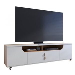 Beaux Meubles Pas Chers - Meuble tv 75 Pouces Blanc et Chêne 4 Portes 8 Niches Roulettes l 200 h 55 p 38 cm