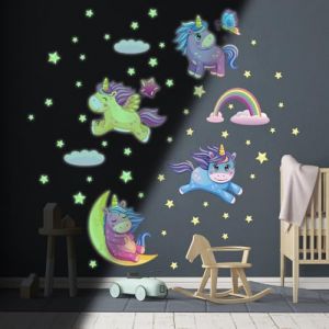 Ambiance Sticker Phosphorescent Lumineux Autocollant Mural Plafond Enfant Fluorescent Licornes dans les &Eacute;toiles - H160 x L100 cm