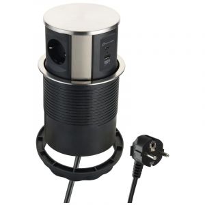 Electraline 62571 Prise rétractable 3 Voies (2 USB 3.1A : 1 Type A + 1 Type C 15,5 W, câble de 2 m), Prise de Plan de Travail intégrée, Prise Multiple, D 120 mm