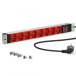 Waytex Bloc Multiprise 19" 8 Prises Rouges Type E Fran&ccedil;aises &ndash; Bo&icirc;tier Aluminium Solide, Fixations Orientables, Interrupteur on/Off Prot&eacute;g&eacute;, C&acirc;ble 1,80 m, Protection Enfants &ndash; Rackable Baies R&eacute;seau