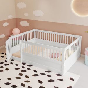 Lit gigogne 90x190 cm et 180x190 cm avec prise de charge, meuble de rangement, 2 tiroirs et sommier à lattes, sans matelas, blanc