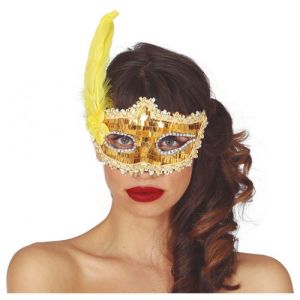 Masque venise sequins dentelle plumes jaune femme - guirca 12020