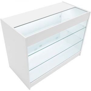 Monster shop Comptoir de Vente en mdf Blanc led Blancs Intégrés K1200 3 Étagères Portes Coulissantes Verouillables Rangement Commerciale Vitrine en