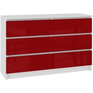 Image de Hucoco CUPID Commode contemporaine chambre + salon + bureau 120x77x40 cm 6 tiroirs coulissants Dressing Chiffonier moderne Blanc/Rouge laqué