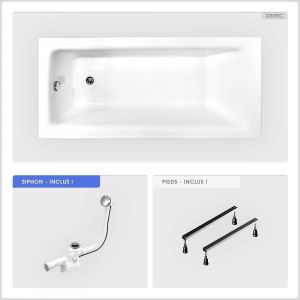 Baignoire rectangulaire - 130 x 70 cm - sans Habillage - avec Pieds - Vidage Chrome - TALIA
