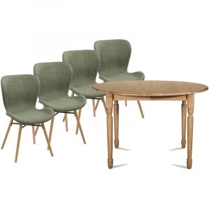 Hellin Table ronde extensible pieds tournés D105 + 4 chaises tissu - VICTORIA - Kaki