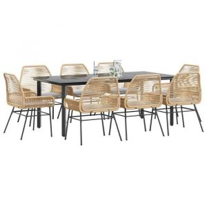 VidaXL Ensemble à manger jardin coussins 9pcs marron poly rotin verre