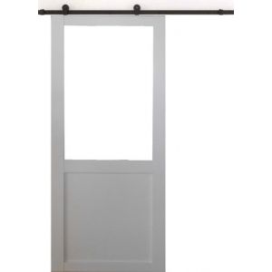 Porte Coulissante Atelier blanc H204 x L73 sans meneau + Rail a roulettes et 2 Coquilles GD MENUISERIES
