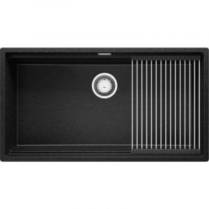 Evier Cuisine en Granit 86x47 cm Lavabo 1 bac + Siphon Classique + égouttoir enroulable, Évier sous plan de Primagran Graphite