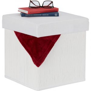 Image de Relaxdays Tabouret rangement, rembourré, pliable, bambou, tissu, HxLxP : 35 x 35 x 35 cm, repose-pieds, blanc