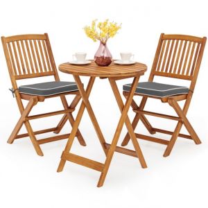 Ensemble bistrot pliant en bois d'acacia Coast 3 pièces - Table Ø60 x 75 cm + 2 chaises avec coussins gris - Bois naturel