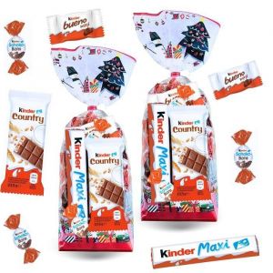 2 sachets de Noël garnis de 40 chocolats Kinder Schokobons, Mini Bueno, Country & Maxi | Idéal pour offrir aux invités du réveillon