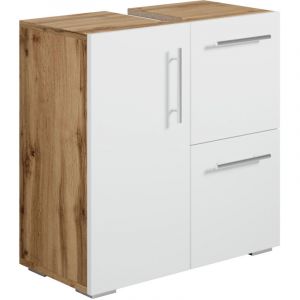 Meuble vasque Mars - Chene avec blanc - 60 x 30 x 60 cm - Meuble de salle de bain, colonne, armoire
