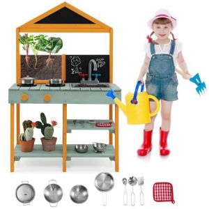 Cuisine Enfants Ext&eacute;rieure Costway - 8 Accessoires Avec Tableau Noir & Jardini&egrave;re En Bois De Sapin, Robinet Rotatif & Evier Amovible