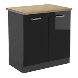 Meuble bas sous-&eacute;vier R-Line, Noir Haute brillance, 80 cm, PT Ch&ecirc;ne, Vicco