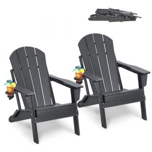 VEVOR Chaise Adirondack en Plastique, Lot de 2, Fauteuil de Jardin Pliant Portable, Charge 181,4 kg, avec Porte-Gobelet, Accoudoir Relaxant, pour Toutes Saisons, Extérieur, Patio, Arrière-Cour, Gris