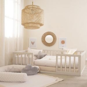Roba Lit Montessori au Sol 70 x 140 cm pour Enfants - Avec Sommier &agrave; Lattes et Protection Antichute - Concept de Sommeil Proche du Sol pour Tout-Petits - Stone Washed