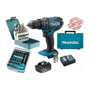 Makita Pack cadeau Perceuse visseuse à percussion 18V 62Nm DHP482 + 1 batt 3 Ah + 30 embouts de vissage + 18 forets D-46202