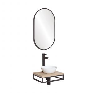 Meuble lave-mains plan fin p-serviette dessous vasque blanche +miroir