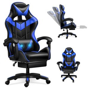 Chaise Gaming Ergonomique avec Oreiller Lombaire Massant, Repose-pied, Hauteur et Inclinaison du dossier R&eacute;glable, Charge de 150Kg - Bleu