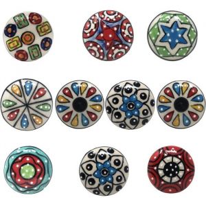 Ajuny Lot de 10 Boutons en Céramique – Forme Ronde Multicolore – Poignées pour Placards Armoires Tiroirs de Cuisine Salle de Bain Commode – Boutons Décoratifs Avec Ferrures en Chrome