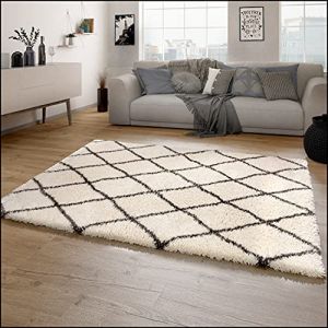 Image de Paco Home Tapis Shaggy Tapis De Salon Shaggy Poil Long Motif Diamant Scandinave Moderne 200 cm carré, Crème 2