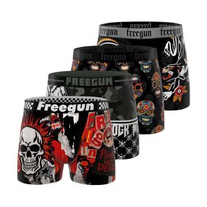 Freegun Boxer Enfant, Cale&ccedil;on Gar&ccedil;on Skull, Doux & Respirant (Lot de 4), Noir Taille 8 ans/10 Ans