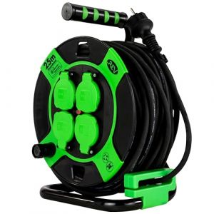 Rev Enrouleur de c&acirc;ble, 25 m, H05RR, IP44, 3000 W, c&acirc;ble de rallonge, ext&eacute;rieur, 4 prises, interrupteur thermique, vert