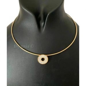 Collier Avec Pendentif - Plaqu&eacute; Or 18 Carats - Donuts - Maille Om&eacute;ga - Oxyde De Zirconium - 42 Cm