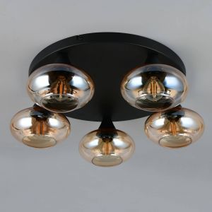 Reality Leuchten Plafonnier verre ambre Moderne Plafonnier noir Rétro Salon 5 flammes Verre, métal, 5x E14 douilles, DxH 49x15 cm